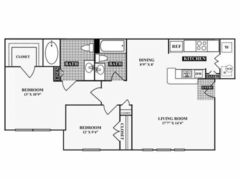 A floor plan of a house with a living room, dining room, kitchen, two bathrooms, and three bedrooms.